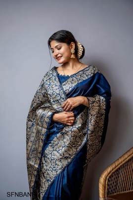Navy Handloom Raw Silk Saree With Rich Weving Pallu And Running Blouse Piece