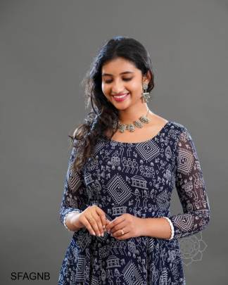 Nevy Blue Butti Fox Georgette With  kolam Mural Print Gown