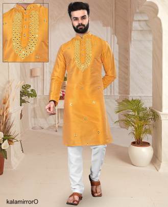 Orange Color Kala Mirror Work Vol 1 Mens Traditional Kurta Payjama