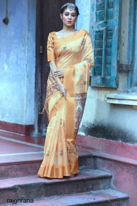 orange Color Tussar Silk Saree With Uunique Slub Weaving Pattern Catalog