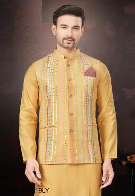 Outluk Wedding Collection Vol 19 Mens Kurta Pajama With Koti In Lemmon Yellow
