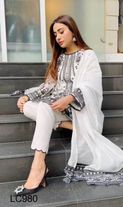 Pakistani White Kurti Pant With Dupatta With Black Embroidered Set By LC980