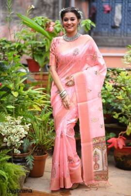 Peach Color Tussar Silk Saree With Uunique Slub Weaving Pattern Catalog
