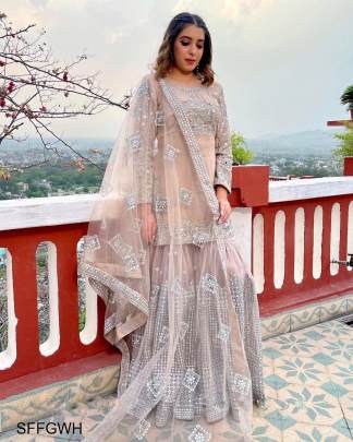 Peach Faux Georgette With Heavy Embroidery And 5 Mm Sequence Work With Real Mirror Hand Work Full Sleeve 
