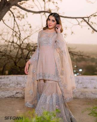 Peach Faux Georgette With Heavy Embroidery And 5 Mm Sequence Work With Real Mirror Hand Work Full Sleeve