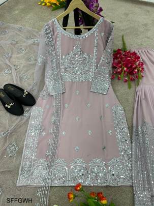 Peach Faux Georgette With Heavy Embroidery And 5 Mm Sequence Work With Real Mirror Hand Work Full Sleeve