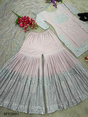Peach Faux Georgette With Heavy Embroidery And 5 Mm Sequence Work With Real Mirror Hand Work Full Sleeve