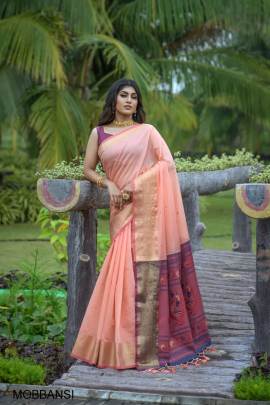 Peach Premium chanderi silk saree with unique meena weaves fancy pallu 