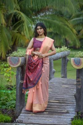 Peach Premium chanderi silk saree with unique meena weaves fancy pallu 