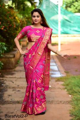 Pink Block Print Bandhani Saree BaratVol2