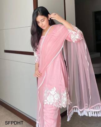 Pink Designner Heavy Thread Embroiddery Work Suit With Pant