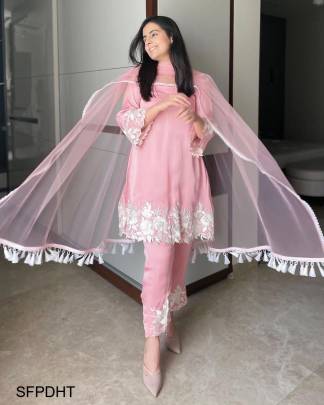 Pink Designner Heavy Thread Embroiddery Work Suit With Pant