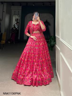 PINK Embrace tradition with a touch of elegance in this Tussar silk Floral Print Wedding Lehenga????NNK1136PNK