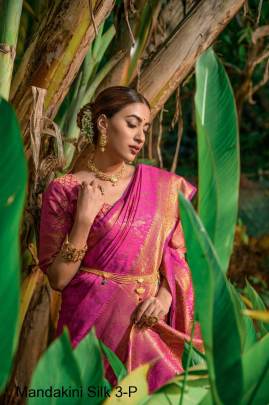 Pink Heavy Litchi Silk With Gold Zari Mandakini Silk 3