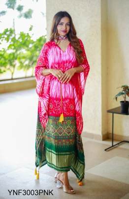 Pink Kaftan Dress Design With Digital Print On Pure Gaji Silk YNF300
