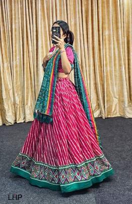 Pink Light Leheriya  Print Tussar Silk Lehenga Choli