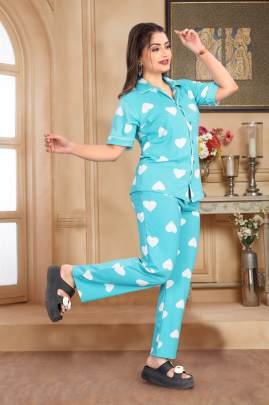 Emerald Heart Night Suit Leef Green By Surati Fabric