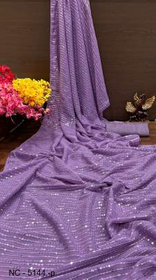 Purple Beautiful Double Run Border To Border Sequance Embroidery Saree NC   5144 