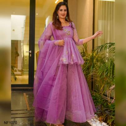 Purple Colour Embroidered Attractive Party Wear Organza Sharara Suit NF1070