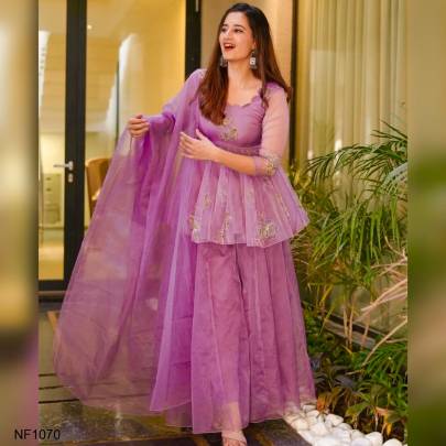Purple Colour Embroidered Attractive Party Wear Organza Sharara Suit NF1070