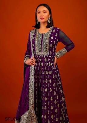 Purple New Designer Embroidery Work FULLY Stitched Fancy Buttons Anarkali 