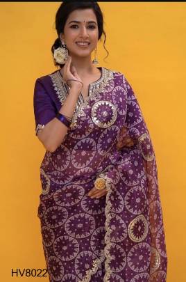  Purple Organza Silk Saree With Embroidery Sequence Blouse 