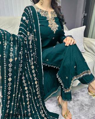 Ready To Wear Pure Chinnon With Embroidery Sequence Work Top Bottom And Dupatta Set in Rama 