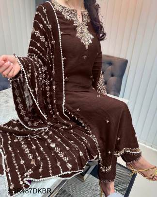 Ready To Wear Pure Chinnon With Embroidery Sequence Work Top Bottom And Dupatta Set in Dark Brown 