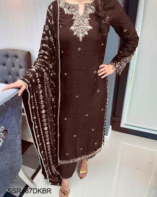 Ready To Wear Pure Chinnon With Embroidery Sequence Work Top Bottom And Dupatta Set in Dark Brown