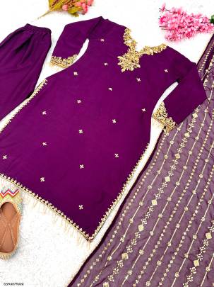 Ready To Wear Pure Chinnon With Embroidery Sequence Work Top Bottom And Dupatta Set in Rani