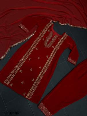 RED Beautiful Designer Suit On havy Velvet Febric KD 1210