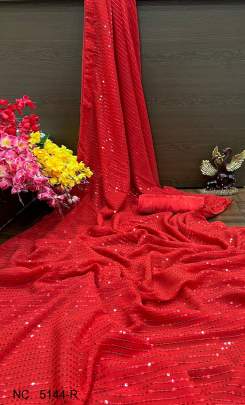 Red Beautiful Double Run Border To Border Sequance Embroidery Saree NC   5144 