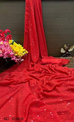 Red Beautiful Double Run Border To Border Sequance Embroidery Saree NC   5144