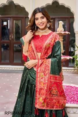 Red Blouse Piramid Lehenga In Dark Green