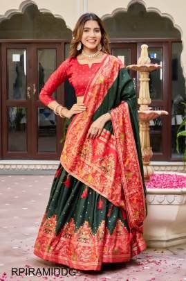 Red Blouse Piramid Lehenga In Dark Green