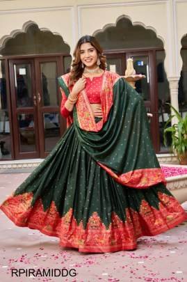 Red Blouse Piramid Lehenga In Dark Green