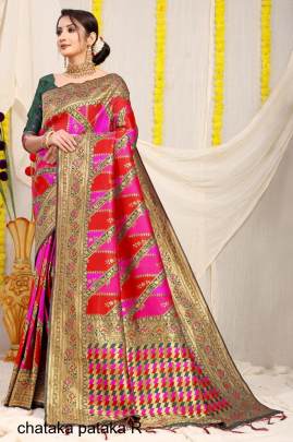 Red Color Shade Soft Silk Based In Gold Jari Work Chataka Pataka