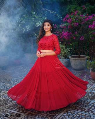 Red Heavy Georgette With Full Heavy 9 Meter Ruffle Flair