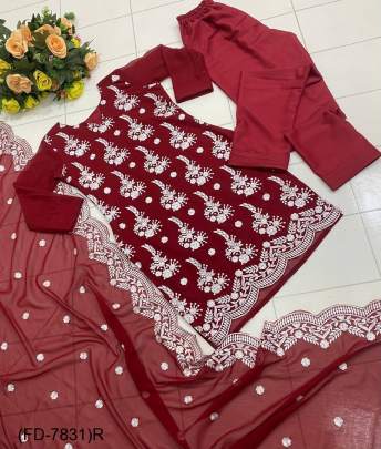 Red New Designer Collection Top With Sudidar Pent With Dupatt Set (FD-7831)