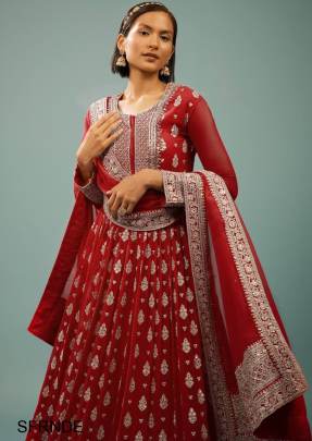 Red New Designer Embroidery Work FULLY Stitched Fancy Buttons Anarkali 
