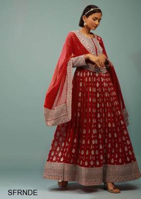 Red New Designer Embroidery Work FULLY Stitched Fancy Buttons Anarkali