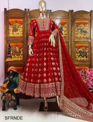 Red New Designer Embroidery Work FULLY Stitched Fancy Buttons Anarkali