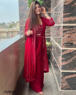 Red New Trending Sequence And Foil Work Party Wear Saree HV8043