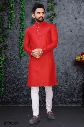 Red Pure Cotton Kurta Payjama Slub Strip Fancy Fabric With Silver Weaving Lining 