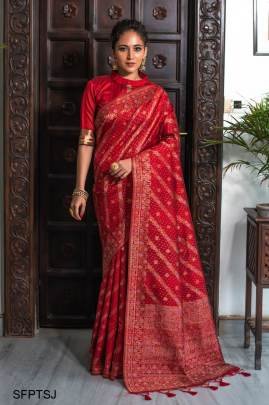 Red Pure Tussar Silk Jamdani Weaving Saree