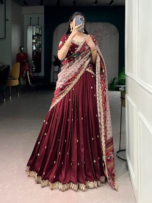 Rich Vichitra silk graceful flair and the timeless charm of Tussar silk come together to create a lehenga that speaks pure sophistication LNB1204MRN