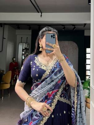 Rich Vichitra silk graceful flair and the timeless charm of Tussar silk come together to create a lehenga that speaks pure sophistication LNB1204NBL