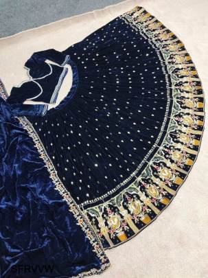 Royal Blue  Viscose Velvet With Heavy Embroidery Choli With Dupatta