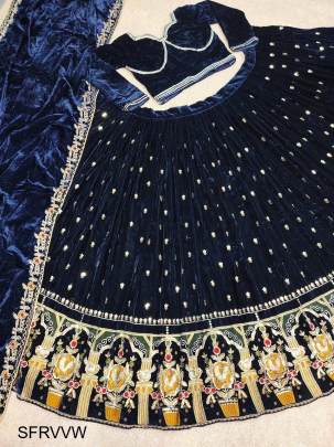 Royal Blue  Viscose Velvet With Heavy Embroidery Choli With Dupatta