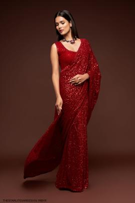 Ruby Red Georgette Multiple Sequence Embroidery The Starlite Sarees Vol 1 By Zeel Clothing